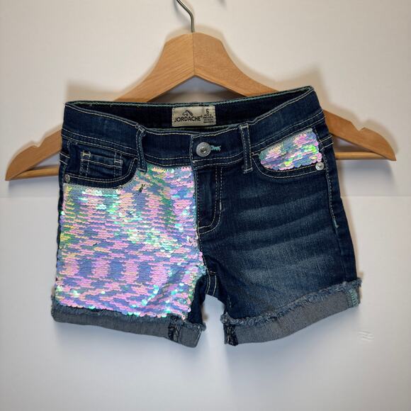 ordache Girls Denim Shorts Size 6 Iridescent Sequin Details Cuffed Dark Wash - Picture 2 of 7